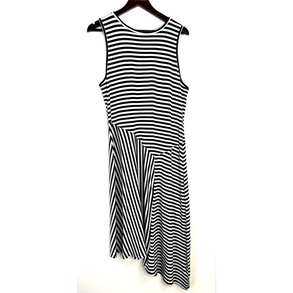 Michael Kors Women Sz 1X Dress Midi Navy Stripe Knit Asymmetric Sleeveless E1 - Picture 3 of 12